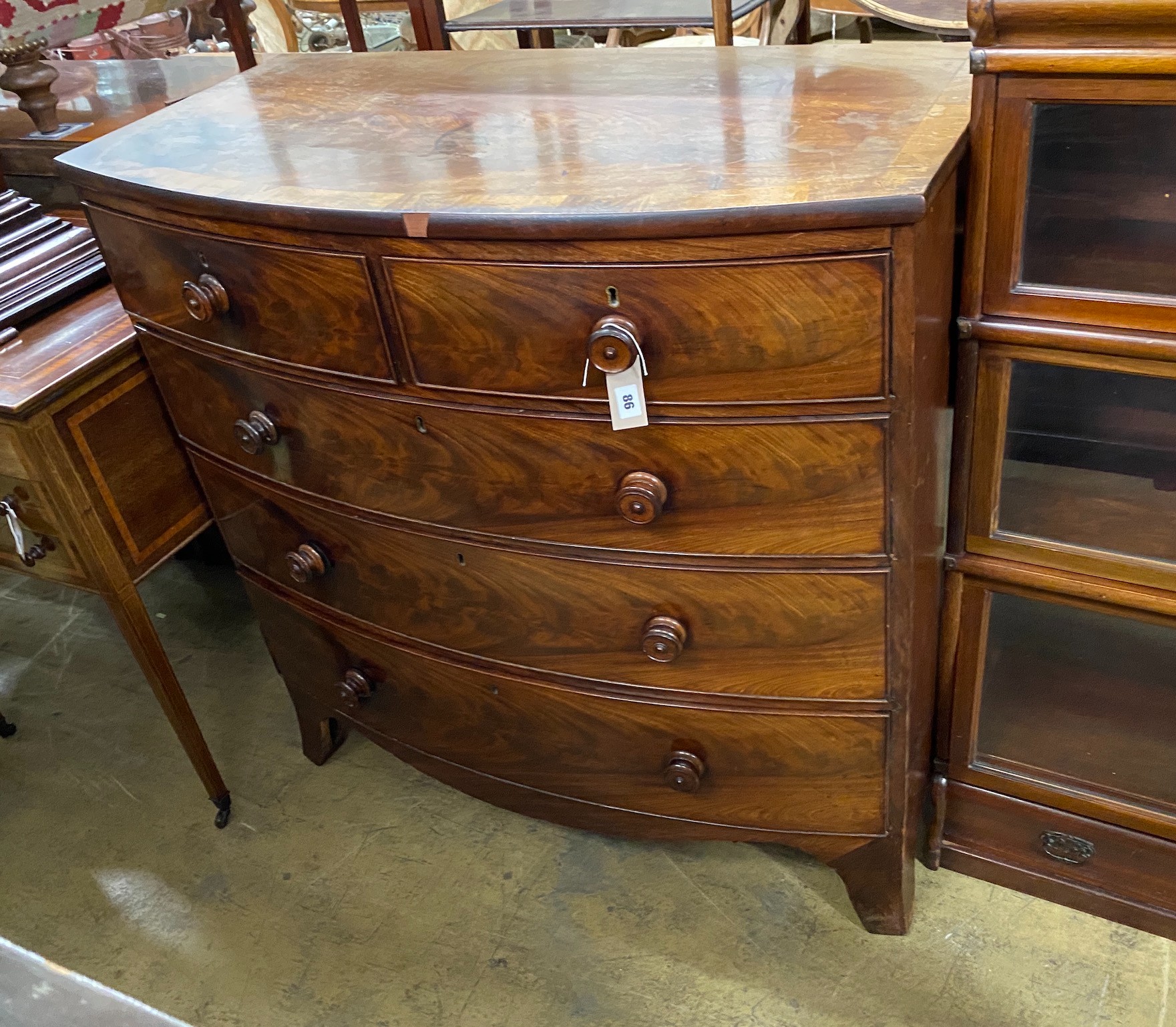 A Regency rosewood banded mahogany bowfront chest, width 108cm, depth 56cm, height 106cm